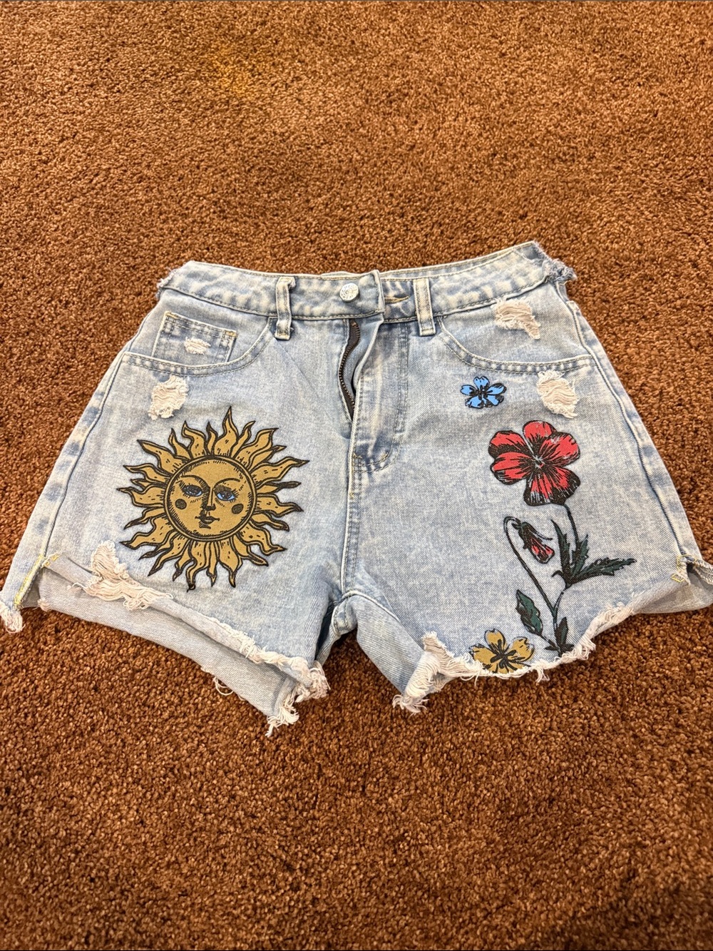 Light Wash Denim Shorts with Sun & Floral Embroidery - Blue